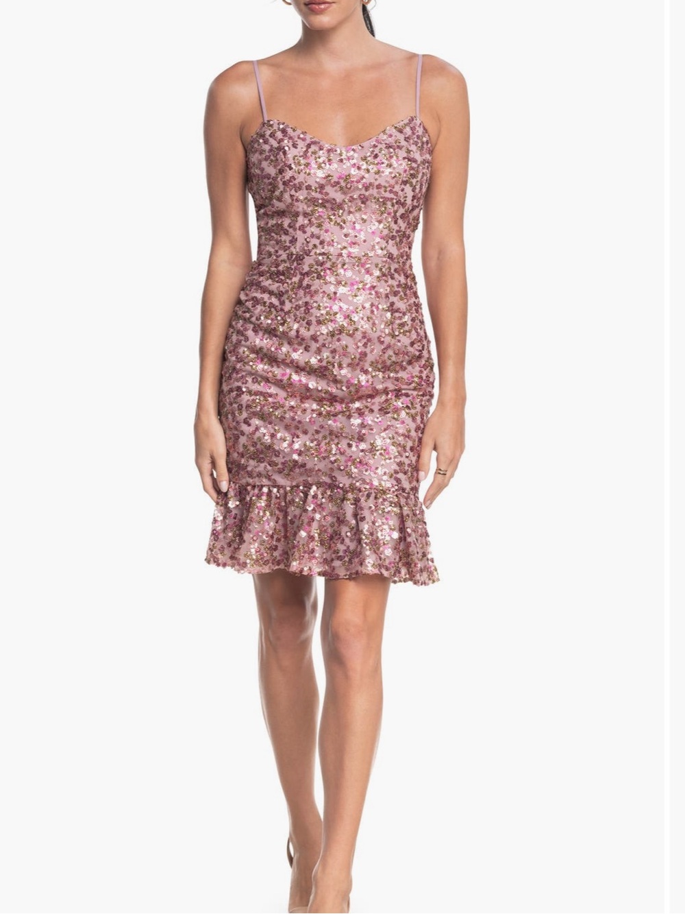 Dress the Population - Kaya - Pink Sequin Spaghetti Strap Ruffled Hem Dress